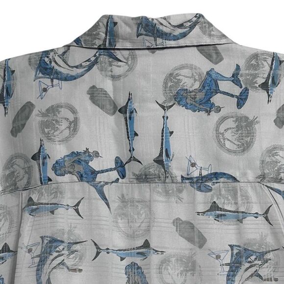Joe Marlin Shirt Mens XL Gray Blue Marlin Mermaid Print Short Sleeve Button Down - Picture 7 of 14